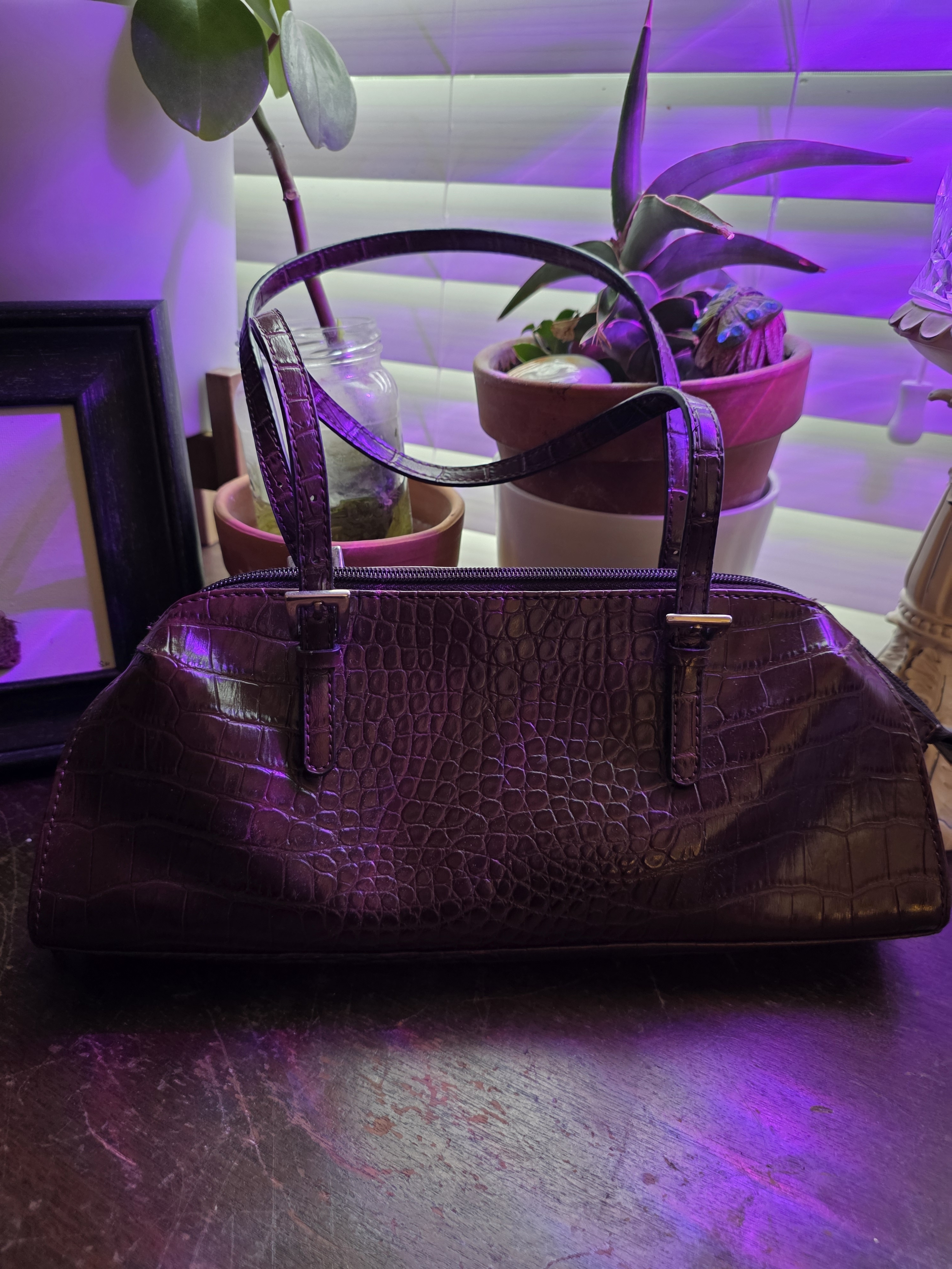 Bisou Bisou Dark Brown Croc-Embossed Shoulder Bag W/Pink Interior, Card Slots